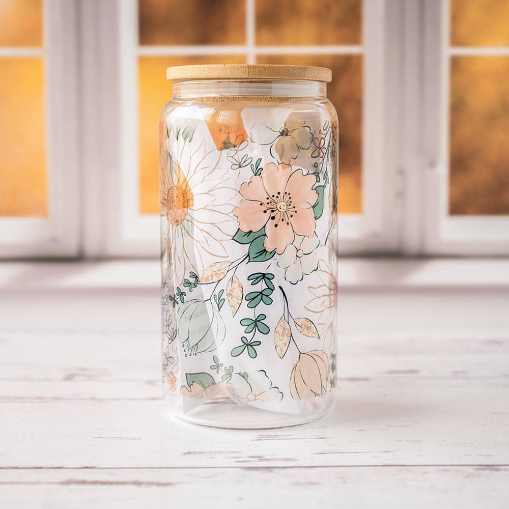 Fall Floral Glass Tumbler by Emma K Designs