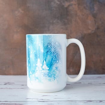 Left Angle of the Florae & Snow Snow & Ice Coffee Mug on a White Rustic Piece of Wood and rustic Background
